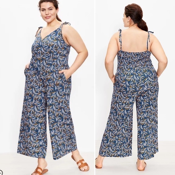 Loft Plus Loft Beach Palm Strappy Jumpsuit Wide Leg Size 14 - Picture 1 of 15